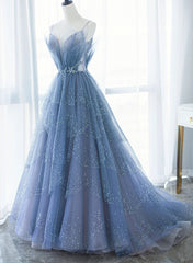 Pink Bridesmaid Dress, Blue Tulle Gorgeous V Neck Long Prom Dress, A-line Tulle Formal Evening Dress