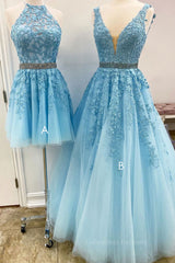 Homecoming Dresses Fashion Outfits, Blue tulle lace A line prom dress blue lace tulle formal dress