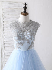 Fancy Dress, Blue Tulle Lace Applique Long Prom Dress Blue Tulle Sweet 16 Dress