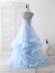 Long Dress, Blue Tulle Lace Applique Long Prom Dress Blue Tulle Sweet 16 Dress