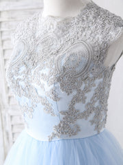 Blue Dress, Blue Tulle Lace Applique Long Prom Dress Blue Tulle Sweet 16 Dress