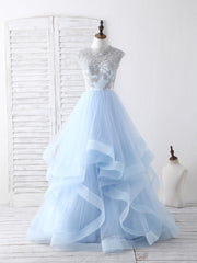 Pretty Dress, Blue Tulle Lace Applique Long Prom Dress Blue Tulle Sweet 16 Dress