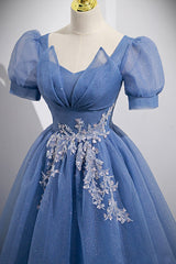 Party Dress For Christmas, Blue Tulle Lace Floor Length Prom Dress, Blue Short Sleeve Evening Dress
