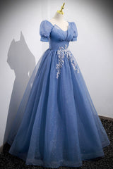 Party Dresses Christmas, Blue Tulle Lace Floor Length Prom Dress, Blue Short Sleeve Evening Dress