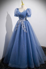 Party Dress After Wedding, Blue Tulle Lace Floor Length Prom Dress, Blue Short Sleeve Evening Dress