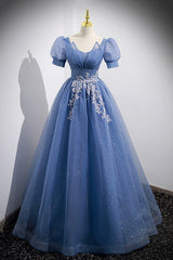 Party Dresses For Christmas, Blue Tulle Lace Floor Length Prom Dress, Blue Short Sleeve Evening Dress