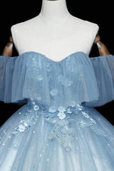 Prom Dresses V Neck, Blue Tulle Lace Long A-Line Ball Gown, Off the Shoulder Formal Evening Gown