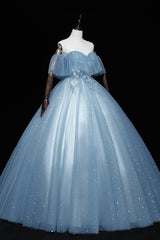 Prom Dress Store Near Me, Blue Tulle Lace Long A-Line Ball Gown, Off the Shoulder Formal Evening Gown