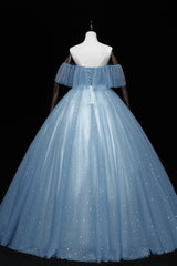 Prom Dresses Stores Near Me, Blue Tulle Lace Long A-Line Ball Gown, Off the Shoulder Formal Evening Gown