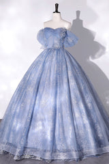 Party Dress Set, Blue Tulle Lace Long Ball Gown, Off the Shoulder Formal Evening Gown