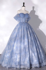 Party Dress Meaning, Blue Tulle Lace Long Ball Gown, Off the Shoulder Formal Evening Gown