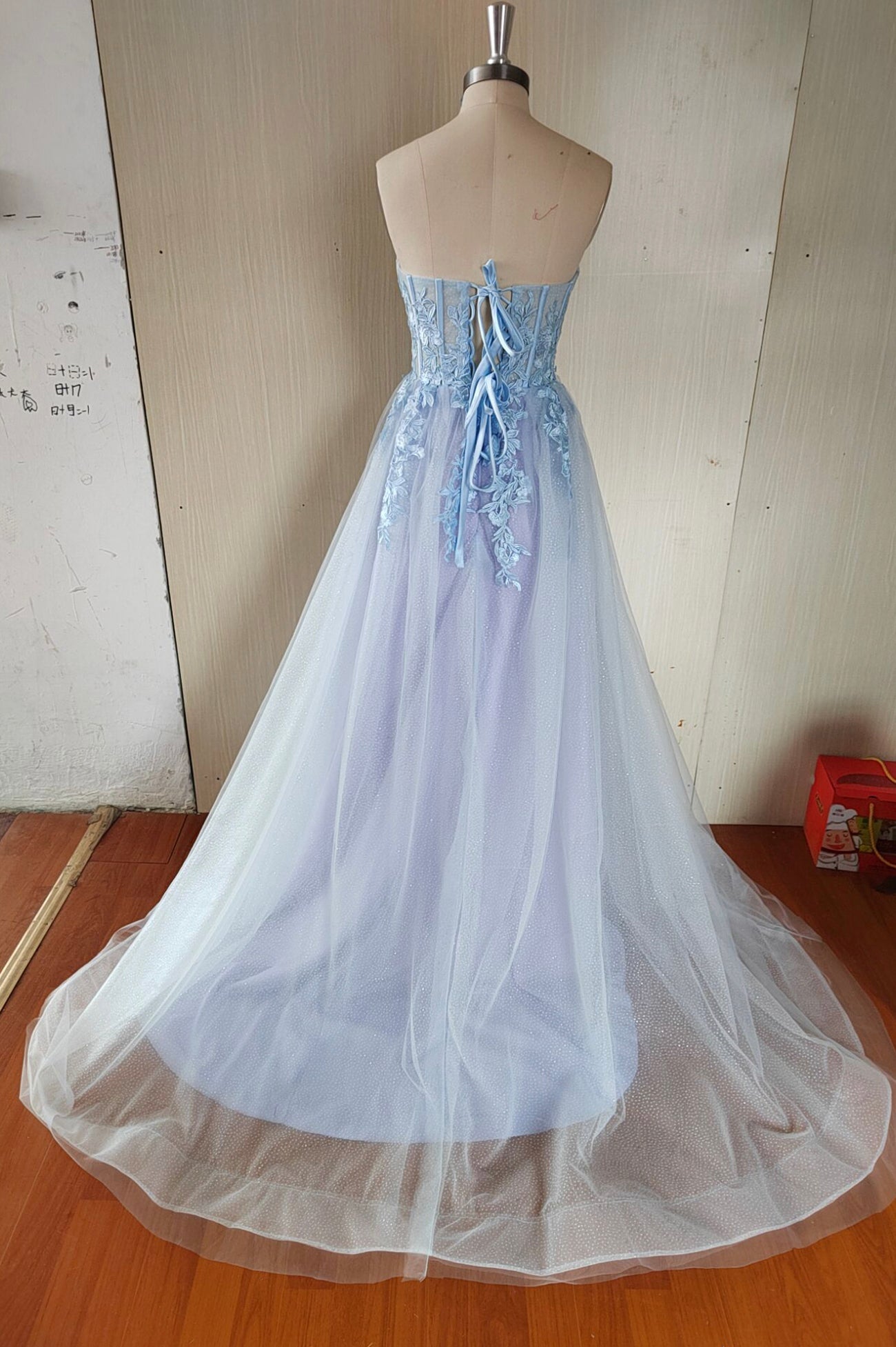 Formal Dress Stores Near Me, Blue Tulle Lace Long Prom Dress, Blue Strapless Evening Dress with Slit