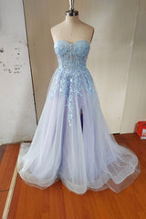 Formal Dress Store Near Me, Blue Tulle Lace Long Prom Dress, Blue Strapless Evening Dress with Slit