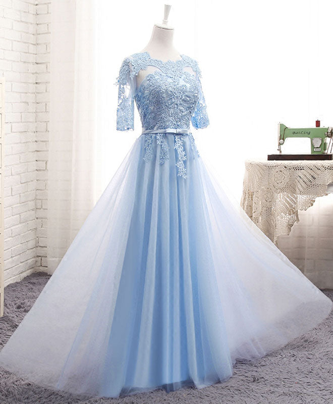 Homecomming Dresses Blue, Blue Tulle Lace Long Prom Dress Blue Tulle Bridesmaid Dress