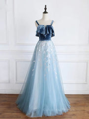 Sage Green Wedding, Blue tulle lace long prom dress, blue tulle formal dress