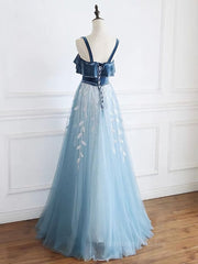Short Wedding Dress, Blue tulle lace long prom dress, blue tulle formal dress