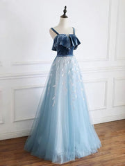 Bachelorette Party Games, Blue tulle lace long prom dress, blue tulle formal dress