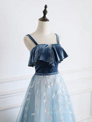 Bridal Bouquet, Blue tulle lace long prom dress, blue tulle formal dress