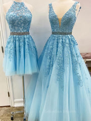 Prom Aesthetic, Blue Tulle Lace Prom Dresses, Blue Tulle Lace Formal Evening Dresses