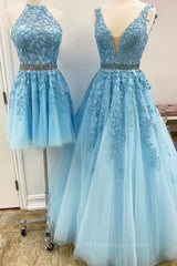 Design Dress Casual, Blue Tulle Lace Prom Dresses, Blue Tulle Lace Formal Evening Dresses