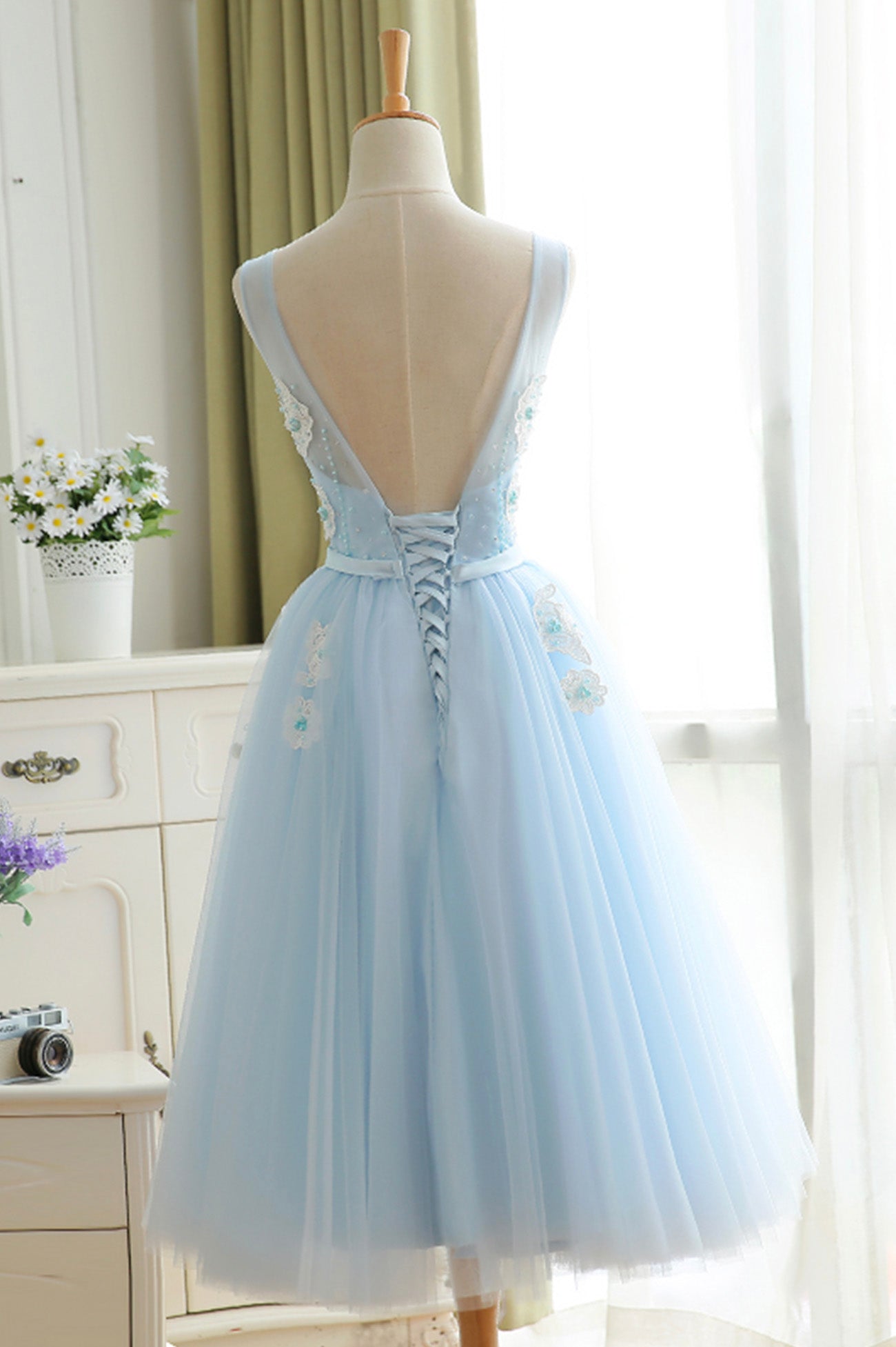 Prom Dress 2016, Blue Tulle Lace Short Prom Dress, A-Line Homecoming Party Dress