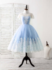 Prom Dress And Boots, Blue Tulle Lace Short Prom Dress Blue Bridesmaid Dress
