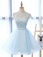Homecoming Dresses Green, Blue tulle lace short prom dress, blue tulle lace homecoming dress