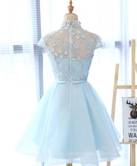 Homecoming Dresses Short Tight, Blue tulle lace short prom dress, blue tulle lace homecoming dress