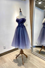 Prom Dresses For 023, Blue Tulle Lace Short Prom Dress, Off the Shoulder Evening Party Dress