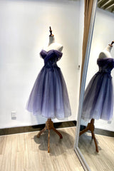 Prom Dress Styles, Blue Tulle Lace Short Prom Dress, Off the Shoulder Evening Party Dress