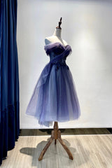 Prom Dresses Style, Blue Tulle Lace Short Prom Dress, Off the Shoulder Evening Party Dress