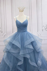 Formal Dress Boutiques Near Me, Blue Tulle Layers Long Formal Dress, Blue Tulle with Straps Party Dress