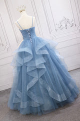 Formal Dress For Ladies, Blue Tulle Layers Long Formal Dress, Blue Tulle with Straps Party Dress