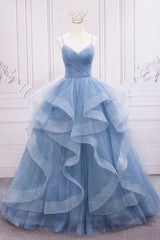 Formal Dresses Long Gowns, Blue Tulle Layers Long Formal Dress, Blue Tulle with Straps Party Dress