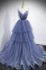Prom Dress Pink, Blue Tulle Layers Long Prom Dress, A-Line Spaghetti Strap Party Dress