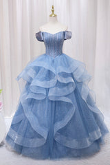 Bridesmaids Dress Online, Blue Tulle Layers Long Prom Gown, A-Line Blue Evening Dress