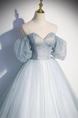 Homecoming Dresses Sweetheart, Blue Tulle Long A-Line Ball Gown, Off the Shoulder Formal Evening Dress