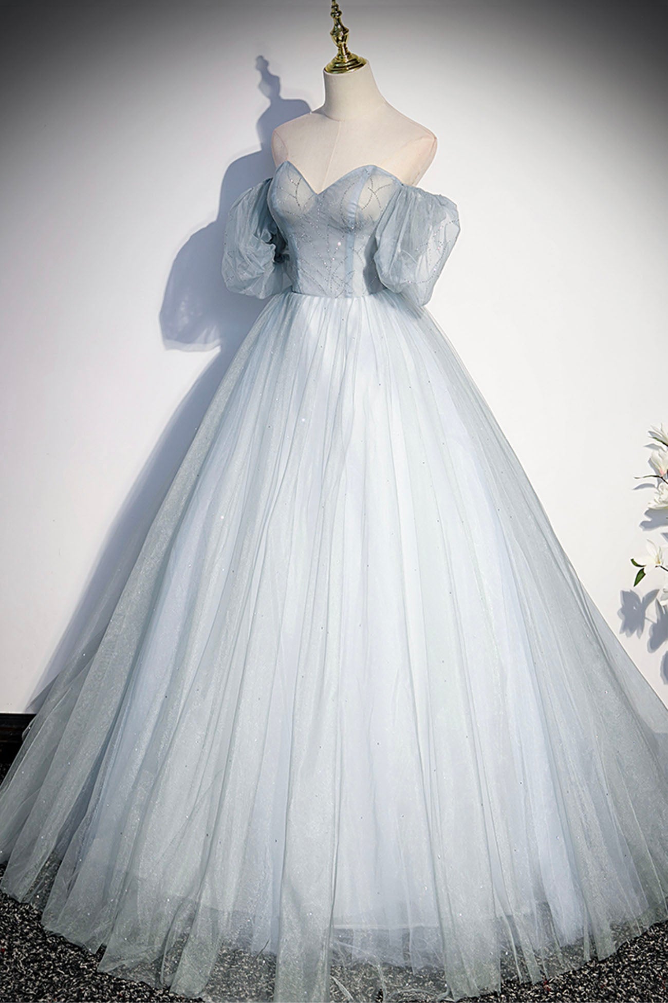 Homecoming Dresses For Middle School, Blue Tulle Long A-Line Ball Gown, Off the Shoulder Formal Evening Dress