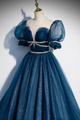 Prom Dress Blue, Blue Tulle Long A-Line Prom Dress, A-Line Short Sleeve Evening Dress