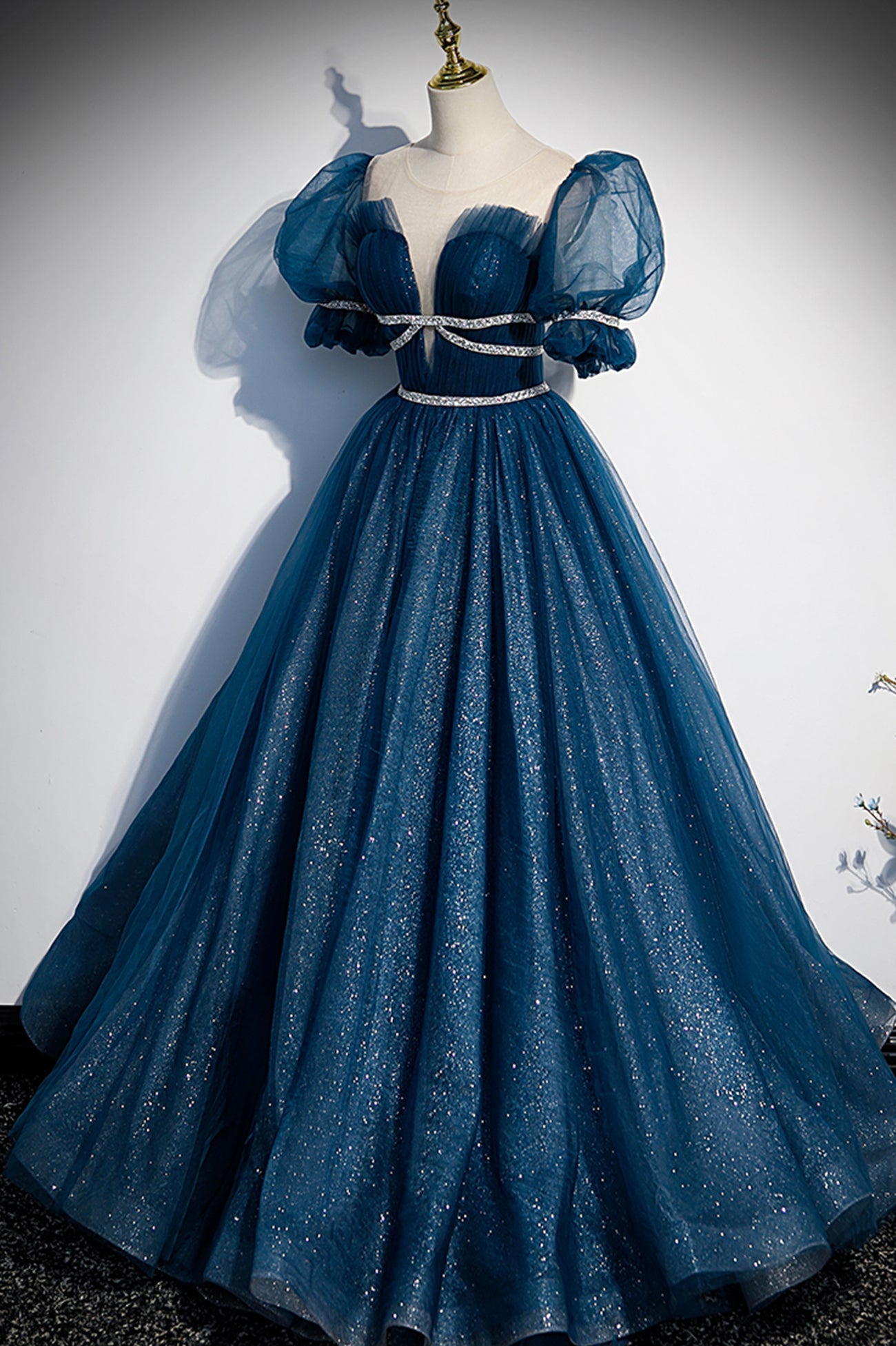 Prom Dresses Blues, Blue Tulle Long A-Line Prom Dress, A-Line Short Sleeve Evening Dress