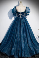Prom Dressed Blue, Blue Tulle Long A-Line Prom Dress, A-Line Short Sleeve Evening Dress