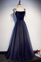 Prom Dresses Near Me, Blue Tulle Long A-Line Prom Dress, Blue Spaghetti Strap Evening Party Dress