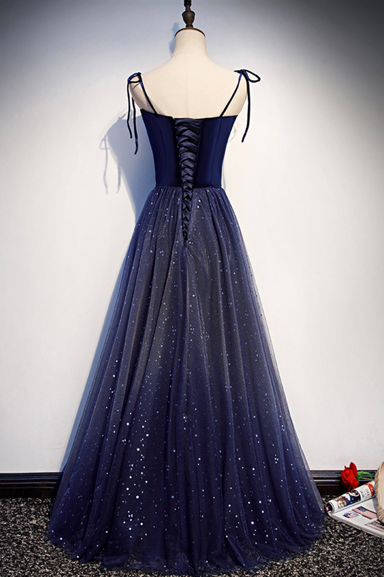 Prom Dress Near Me, Blue Tulle Long A-Line Prom Dress, Blue Spaghetti Strap Evening Party Dress