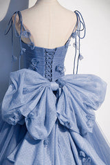 Homecoming Dresses Pink, Blue Tulle Long A-Line Prom Dress, Blue Spaghetti Straps Party Dress with Bow
