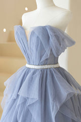 Homecoming Dress Fitted, Blue Tulle Long A-Line Prom Dress, Cute Strapless Graduation Dress