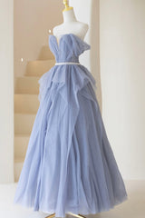 Homecoming Dresses Fitted, Blue Tulle Long A-Line Prom Dress, Cute Strapless Graduation Dress