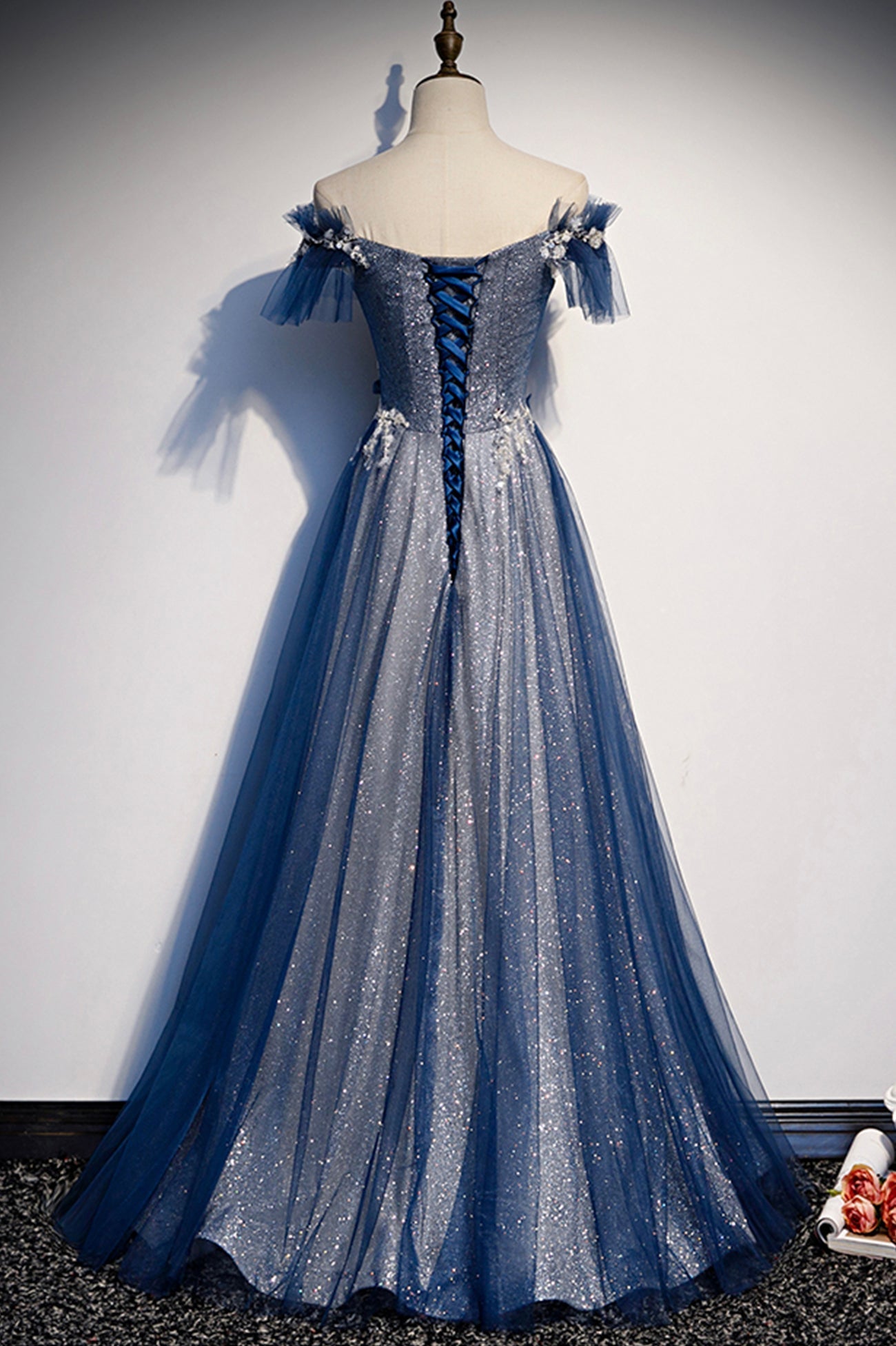 Evening Dress V Neck, Blue Tulle Long A-Line Prom Dress, Off the Shoulder Evening Party Dress