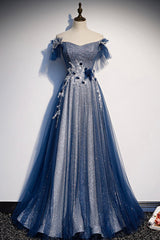Evening Dress Classy, Blue Tulle Long A-Line Prom Dress, Off the Shoulder Evening Party Dress