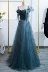 Formal Dresses Gowns, Blue Tulle Long A-Line Prom Dress, Simple Sweetheart Neckline Evening Party Dress