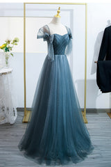 Formal Dresses Elegant, Blue Tulle Long A-Line Prom Dress, Simple Sweetheart Neckline Evening Party Dress